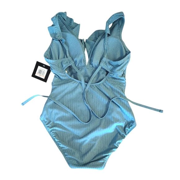 Ellen Tracy Laid Back Blue Ruffled Slimming One Piece Swimsuit Size 10 NWT - Picture 6 of 10